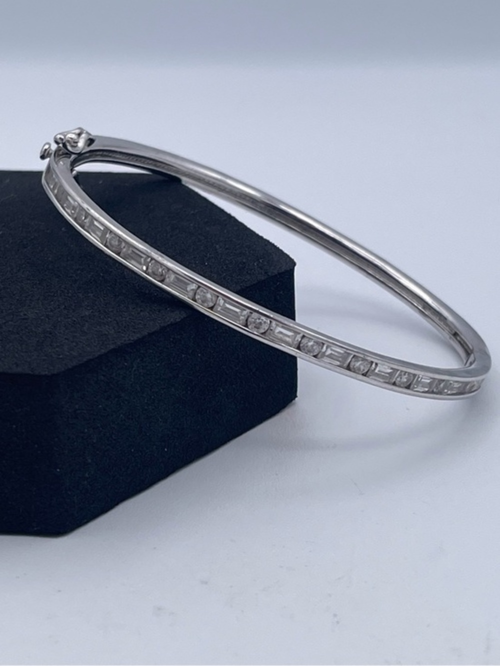 QVC Epiphany Diamonique Sterling Silver CZ Hinged Bangle Bracelet Platinum Clad